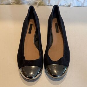 Zara Black Suede Ballet Flats with Silver Cap Toe